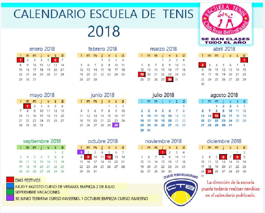 Calendario Escuela de Tenis Bellreguard